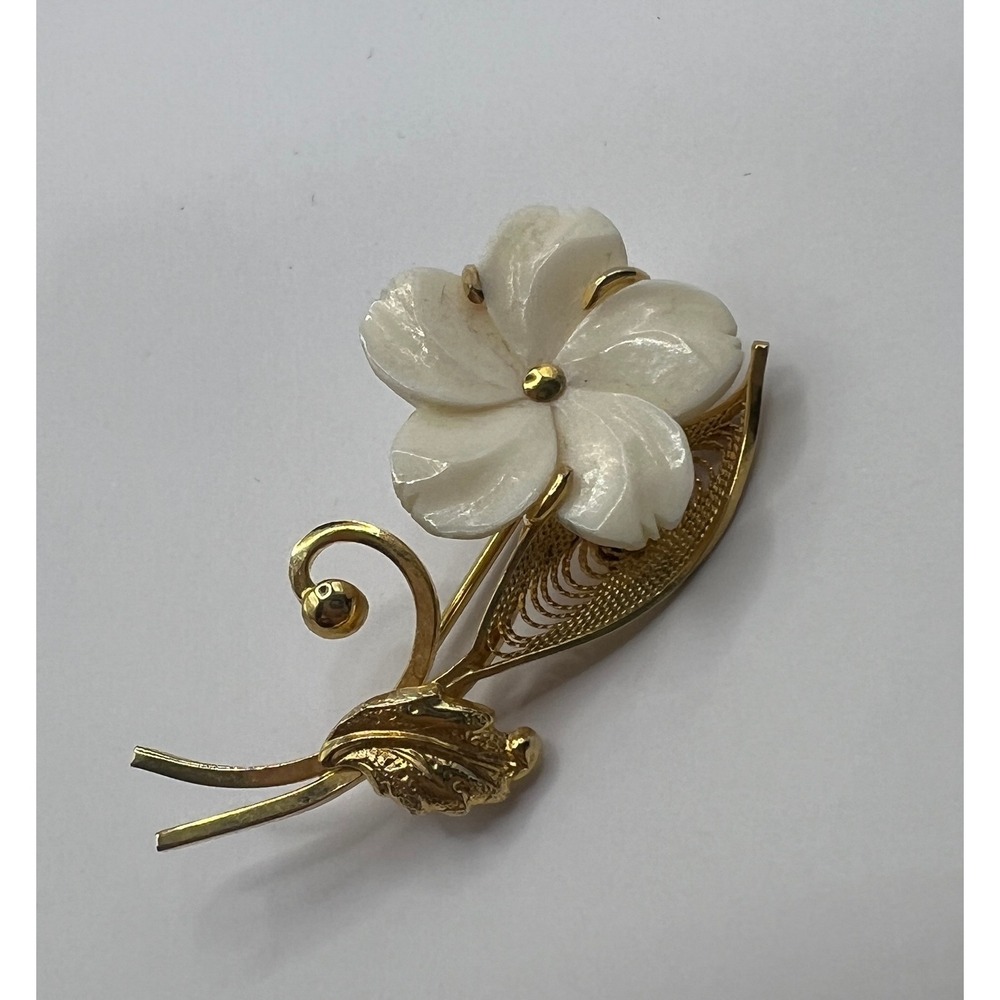 Vintage Sorrento Brooch 12K Gold Filled Carved‎ Shell Flower Filigree Italy